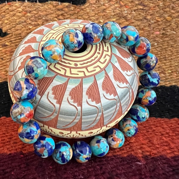 ❤️ Turquoise Spiny Oyster Lapis Composite Stretch Bracelet 12mm Sz 7 Adjustable - Picture 1 of 10